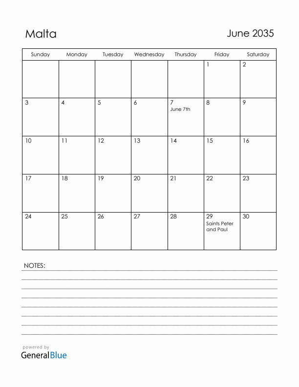 June 2035 Malta Calendar with Holidays (Sunday Start)