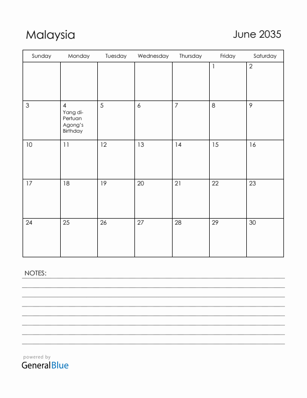 June 2035 Malaysia Calendar with Holidays (Sunday Start)