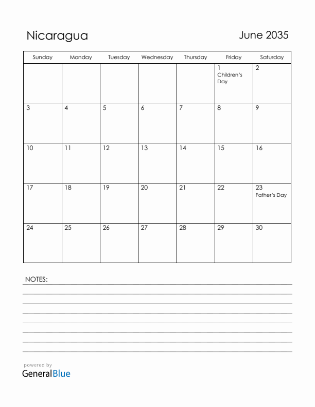 June 2035 Nicaragua Calendar with Holidays (Sunday Start)