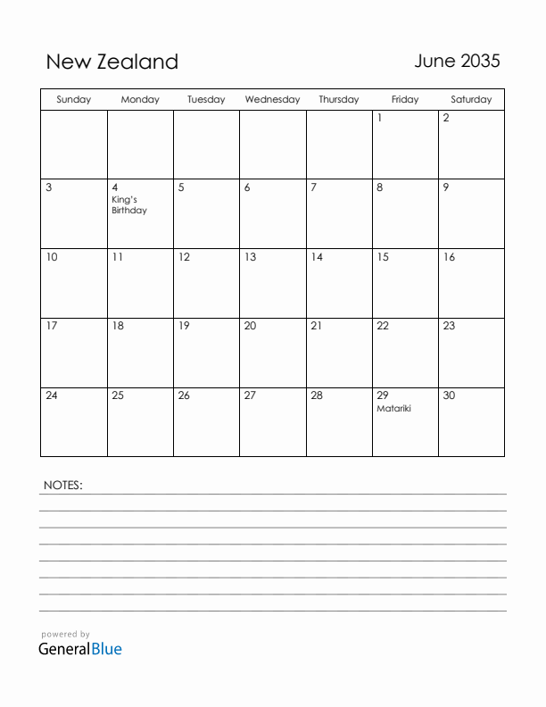 June 2035 New Zealand Calendar with Holidays (Sunday Start)