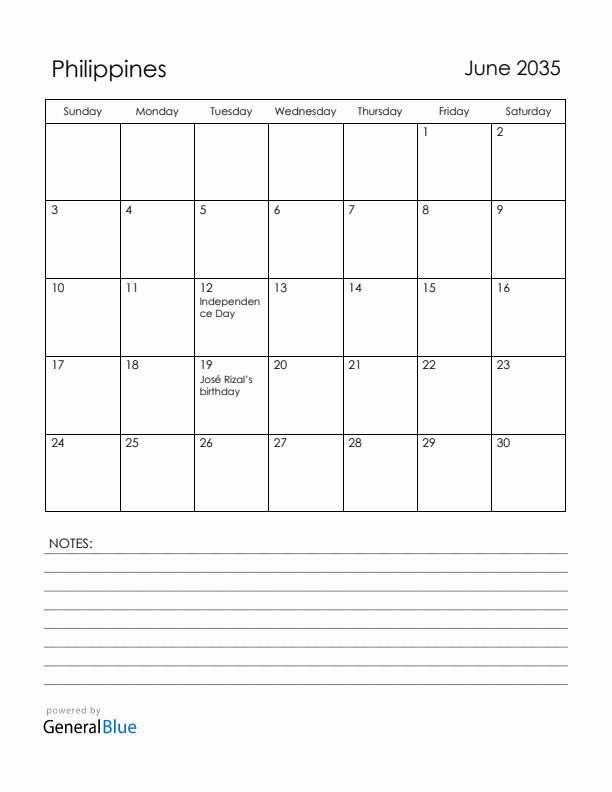 June 2035 Philippines Calendar with Holidays (Sunday Start)