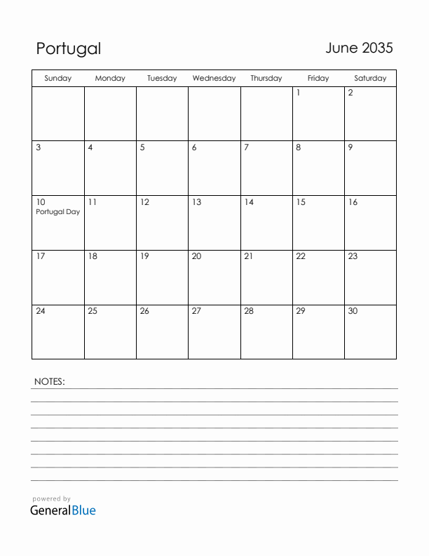 June 2035 Portugal Calendar with Holidays (Sunday Start)