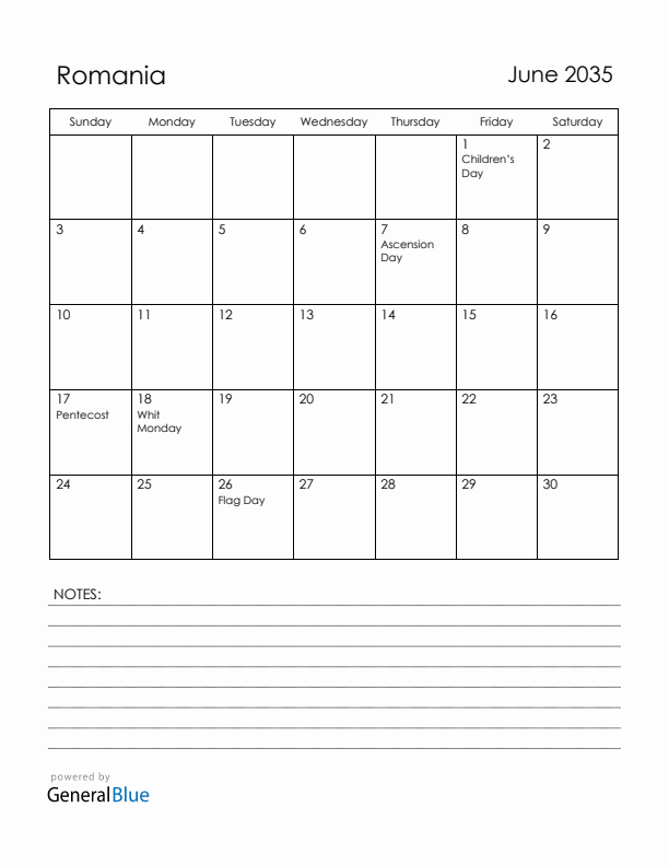 June 2035 Romania Calendar with Holidays (Sunday Start)