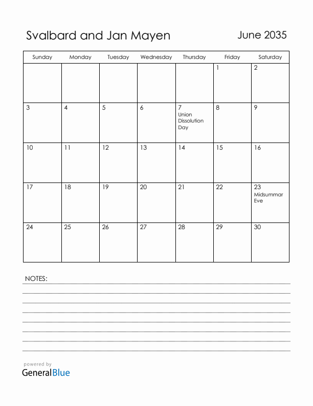 June 2035 Svalbard and Jan Mayen Calendar with Holidays (Sunday Start)