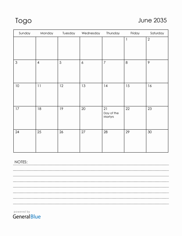 June 2035 Togo Calendar with Holidays (Sunday Start)