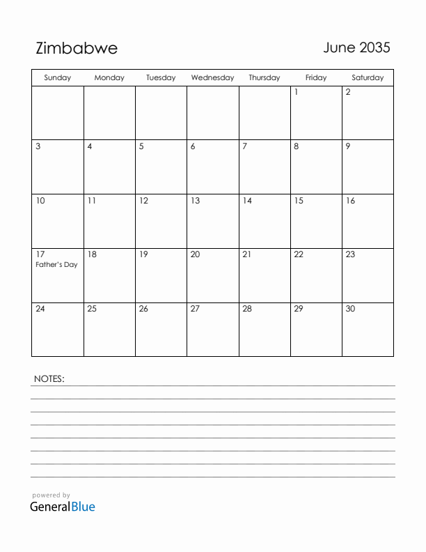 June 2035 Zimbabwe Calendar with Holidays (Sunday Start)