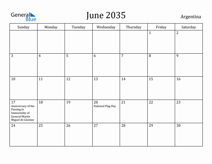 June 2035 Calendar Argentina