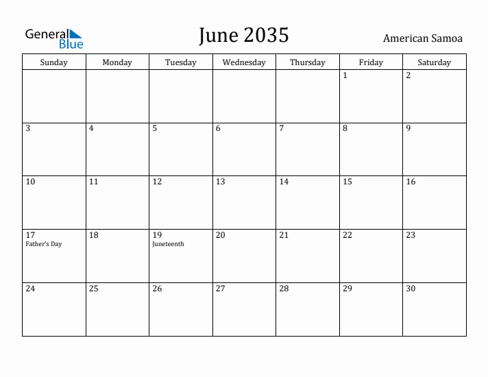 June 2035 Calendar American Samoa