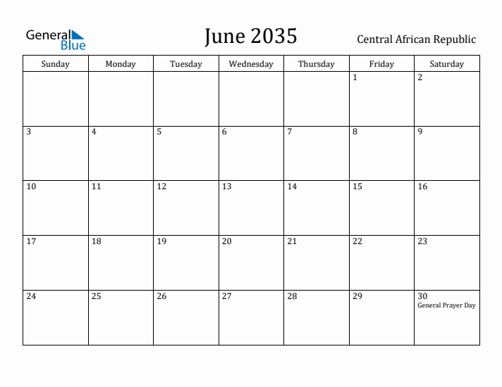 June 2035 Calendar Central African Republic