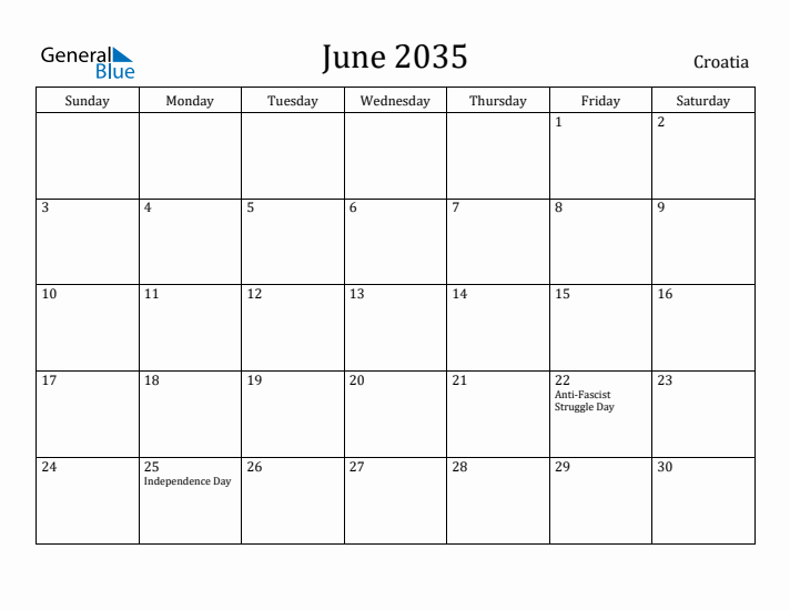 June 2035 Calendar Croatia