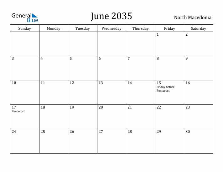 June 2035 Calendar North Macedonia