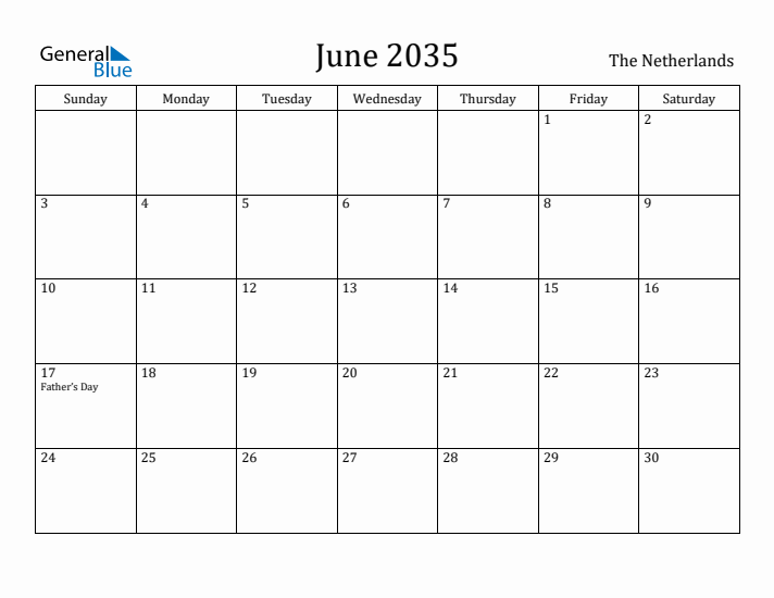 June 2035 Calendar The Netherlands