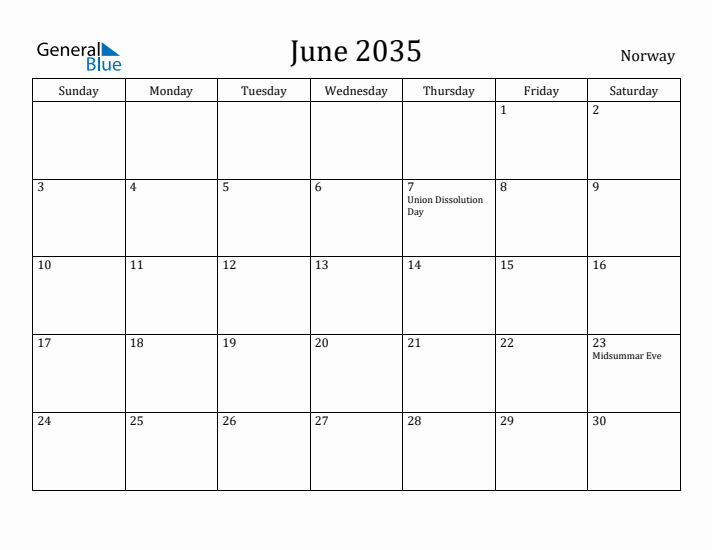 June 2035 Calendar Norway