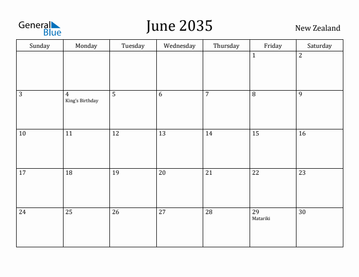 June 2035 Calendar New Zealand