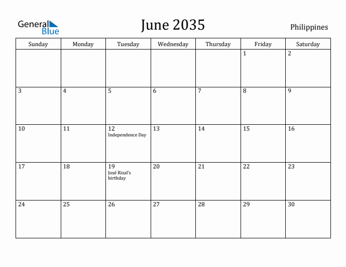 June 2035 Calendar Philippines