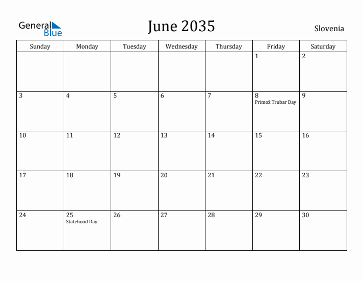 June 2035 Calendar Slovenia