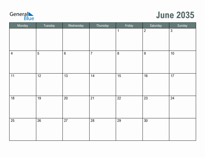 Free Printable June 2035 Calendar