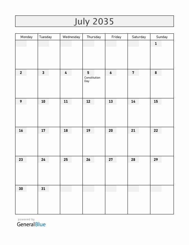 Armenia July 2035 Calendar with Holidays
