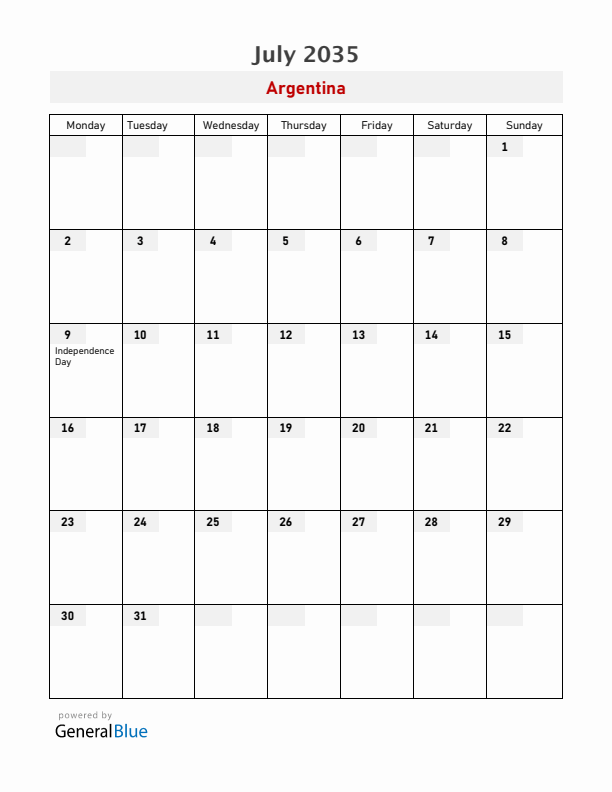 Argentina July 2035 Calendar with Holidays