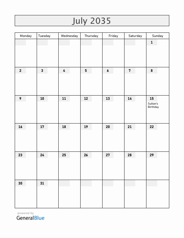Brunei July 2035 Calendar with Holidays
