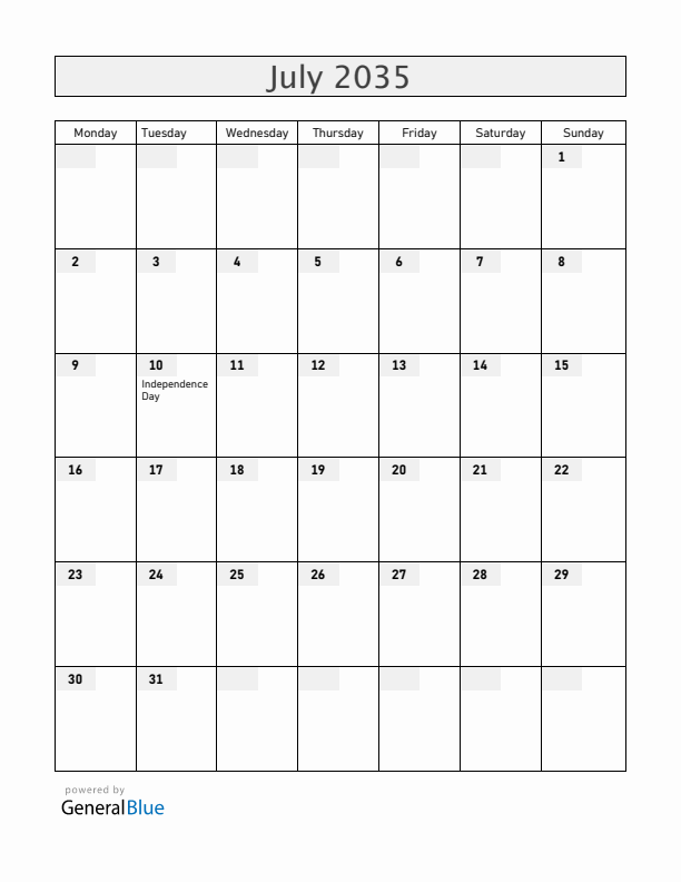 Bahamas July 2035 Calendar with Holidays