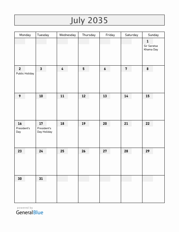 Botswana July 2035 Calendar with Holidays