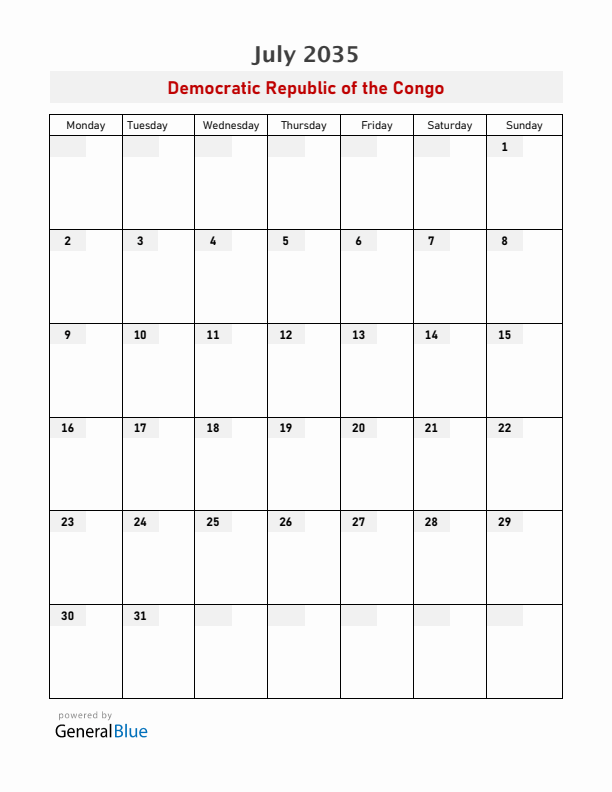Democratic Republic of the Congo July 2035 Calendar with Holidays