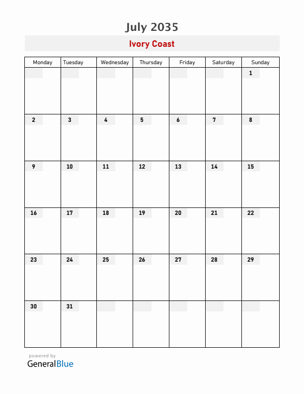 Ivory Coast July 2035 Calendar with Holidays