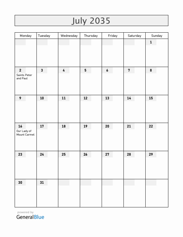 Chile July 2035 Calendar with Holidays