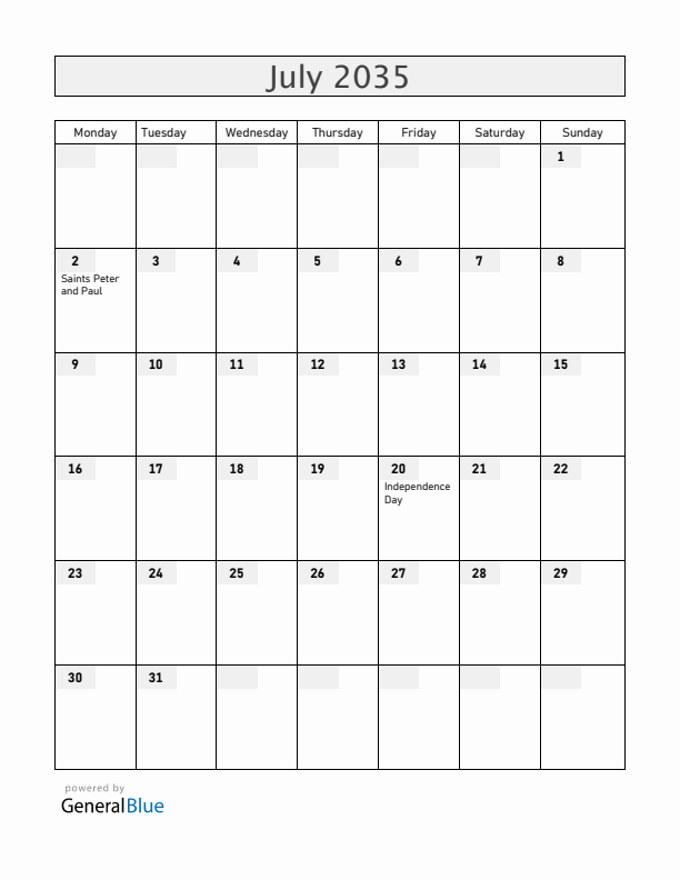 Colombia July 2035 Calendar with Holidays