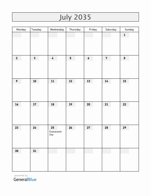 Costa Rica July 2035 Calendar with Holidays