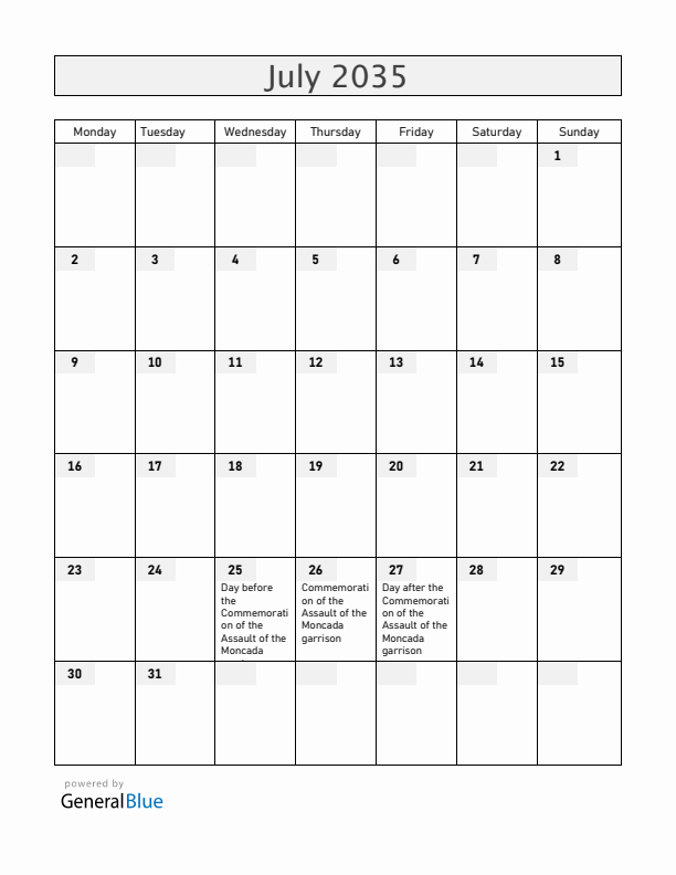 Cuba July 2035 Calendar with Holidays