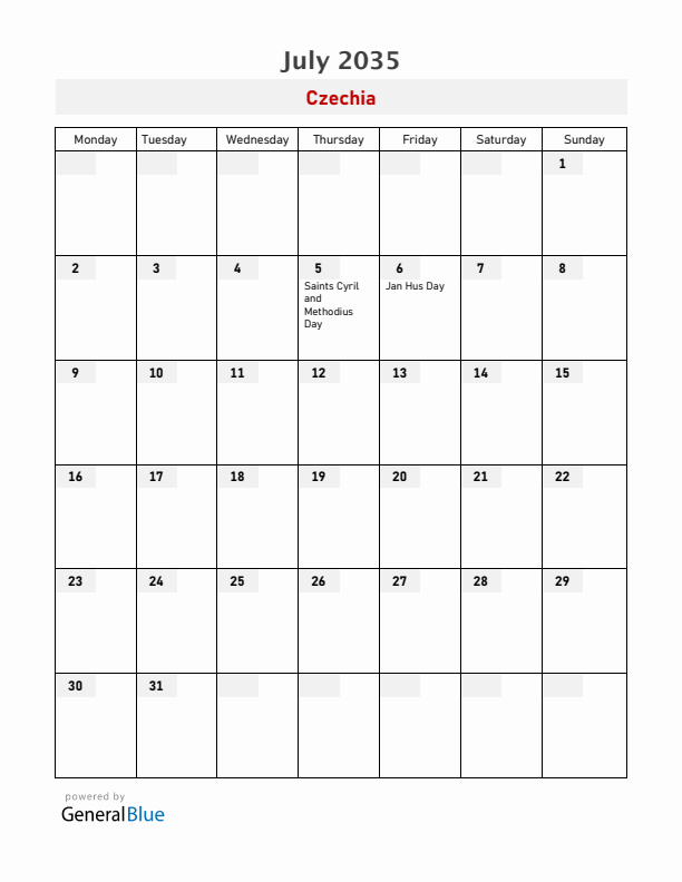 Czechia July 2035 Calendar with Holidays