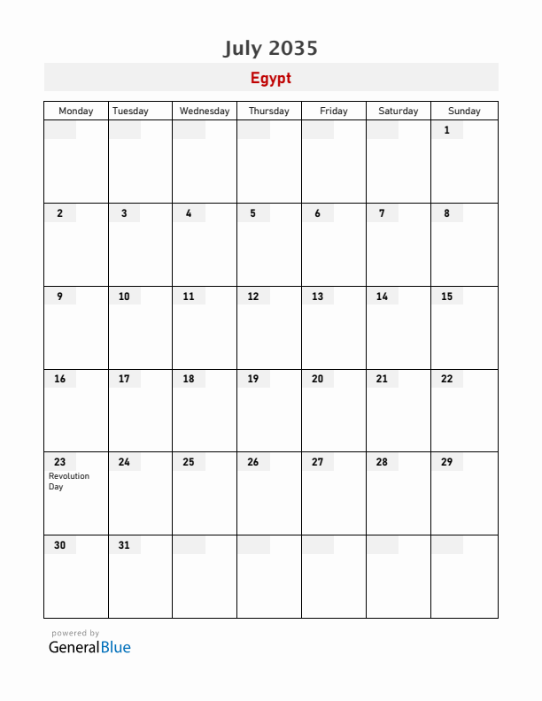 Egypt July 2035 Calendar with Holidays