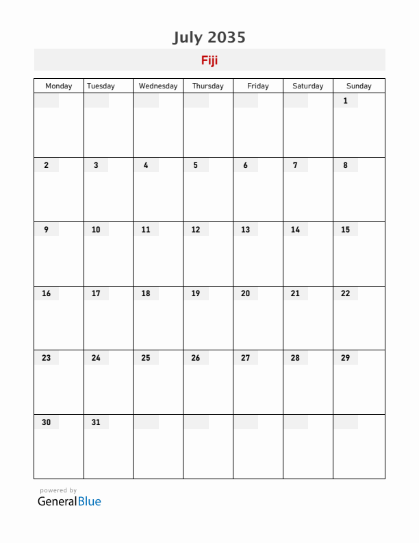 Fiji July 2035 Calendar with Holidays