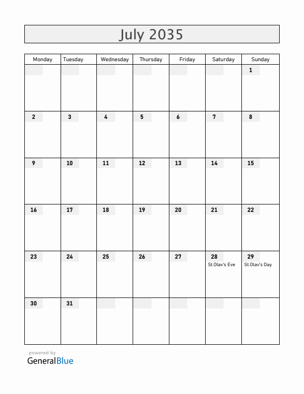 Faroe Islands July 2035 Calendar with Holidays