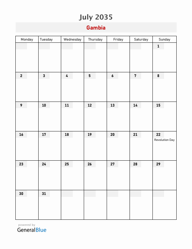 Gambia July 2035 Calendar with Holidays