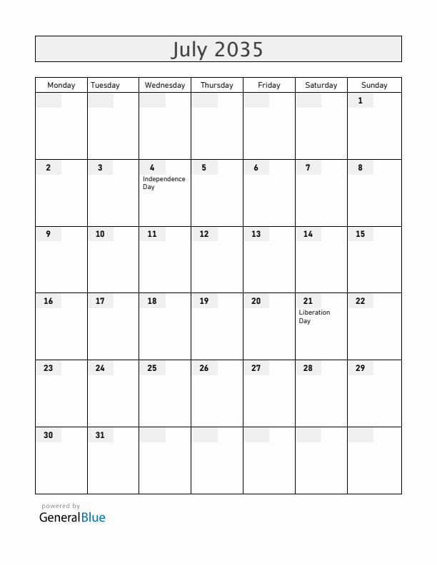 Guam July 2035 Calendar with Holidays
