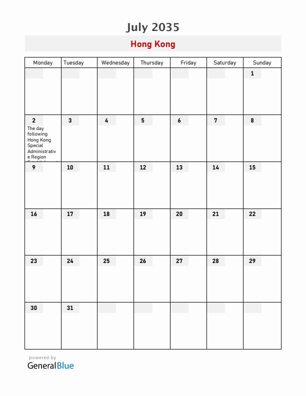 Hong Kong July 2035 Calendar with Holidays