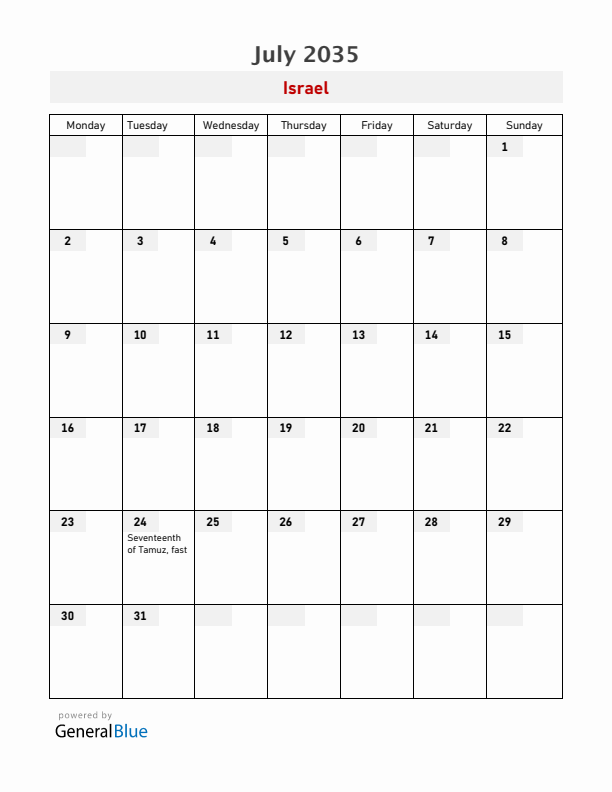 Israel July 2035 Calendar with Holidays
