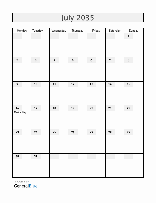 Japan July 2035 Calendar with Holidays