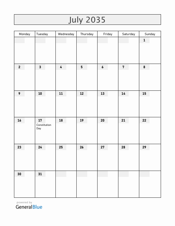 South Korea July 2035 Calendar with Holidays