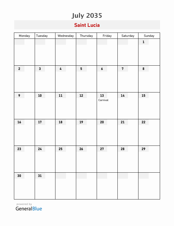 Saint Lucia July 2035 Calendar with Holidays