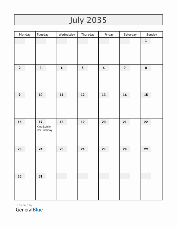 Lesotho July 2035 Calendar with Holidays