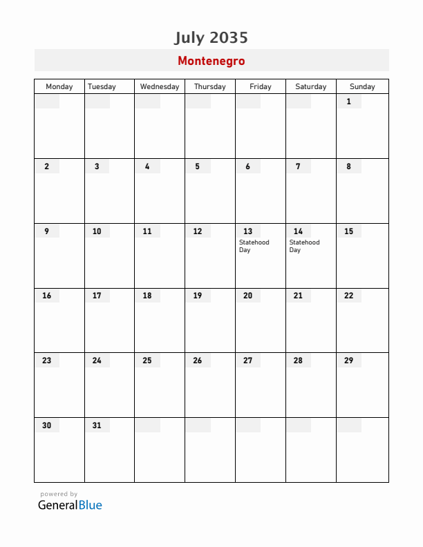 Montenegro July 2035 Calendar with Holidays