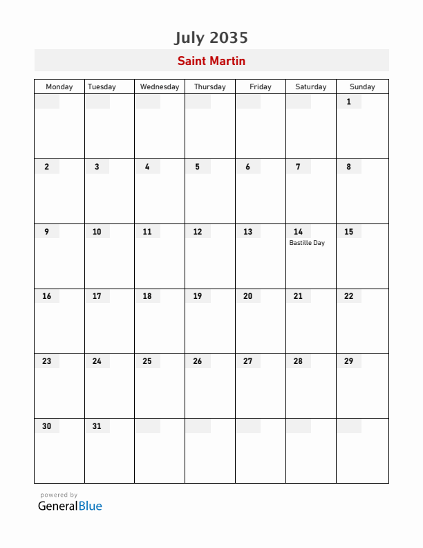 Saint Martin July 2035 Calendar with Holidays
