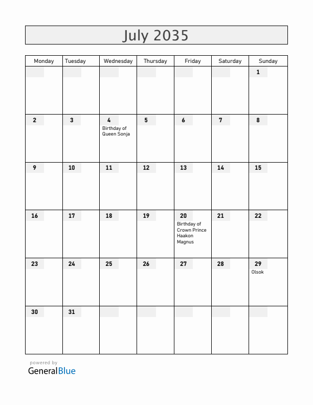 Norway July 2035 Calendar with Holidays