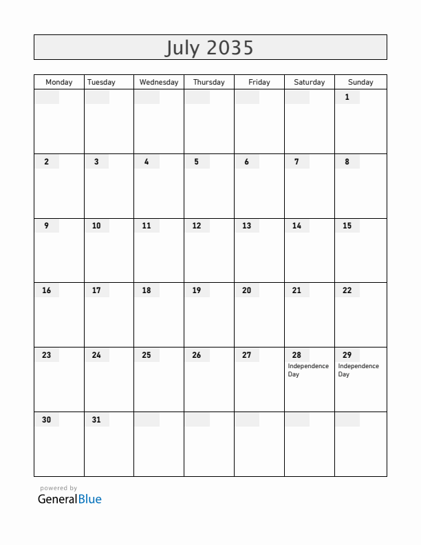 Peru July 2035 Calendar with Holidays