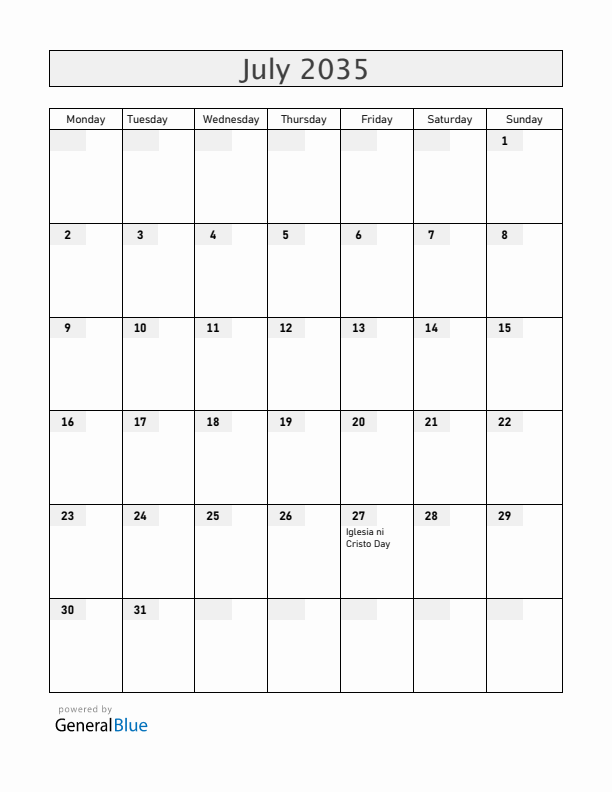 Philippines July 2035 Calendar with Holidays