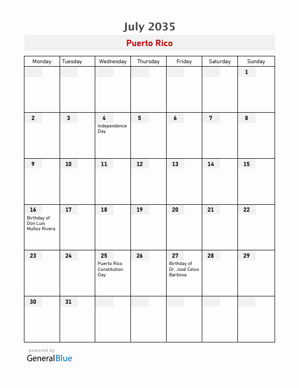 Puerto Rico July 2035 Calendar with Holidays